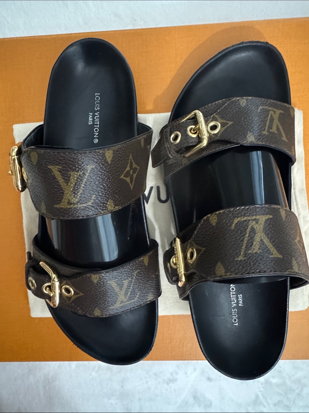 Louis Vuitton Monogram Bom Dia Brown Double Buckle Slide Sandals Size 37